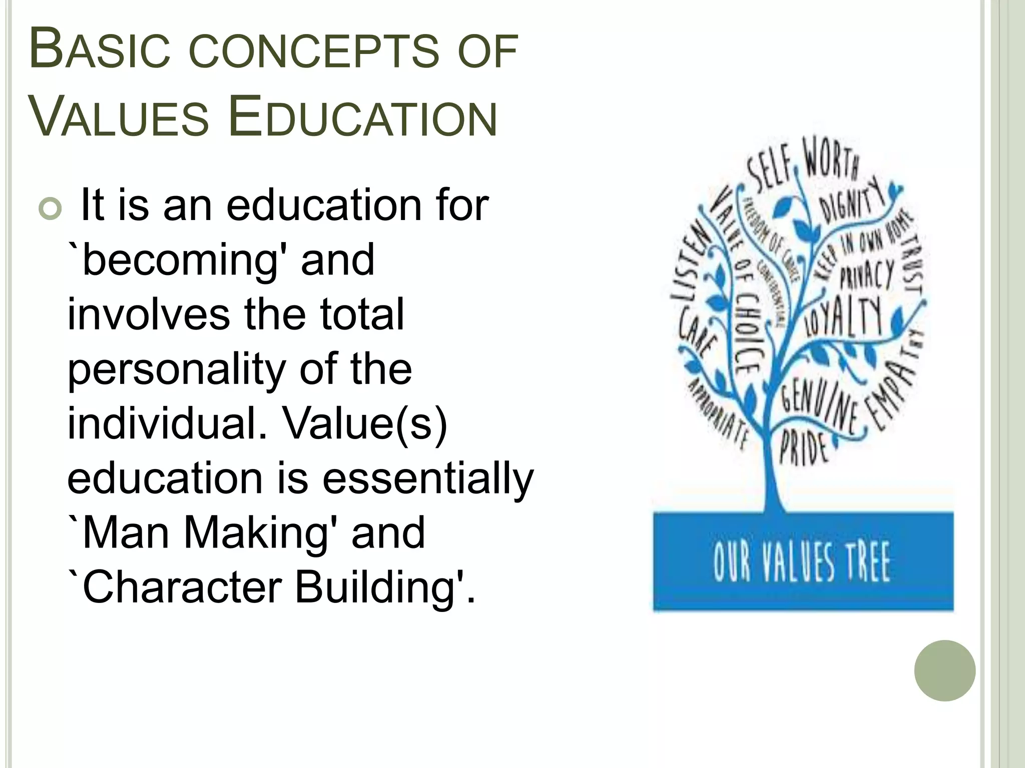 BASIC CONCEPTS OF
VALUES EDUCATION
 It is an education for
`becoming' and
involves the total
personality of the
individual. Value(s)
education is essentially
`Man Making' and
`Character Building'.
 