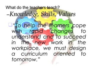 What do the teachers teach?
–Knowledge, Skills, ValuesKnowledge, Skills, Values
“To help the learners cope
with rapid changes to
understand and to succeed
in the new work in the
workplace, we must design
a curriculum oriented to
tomorrow.”
 