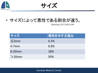 Kameda Medical Center
サイズ
• サイズによって悪性である割合が違う。
Radiology 2017;285(2):584
サイズ 悪性を示す尤度比
≦3mm 0.2%
4-7mm 0.9%
8-20mm 18%
＞20mm 50%
 
