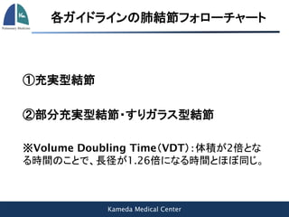 Kameda Medical Center
各ガイドラインの肺結節フォローチャート
①充実型結節
②部分充実型結節・すりガラス型結節
※Volume Doubling Time（VDT）：体積が2倍とな
る時間のことで、長径が1.26倍になる時間とほぼ同じ。
 