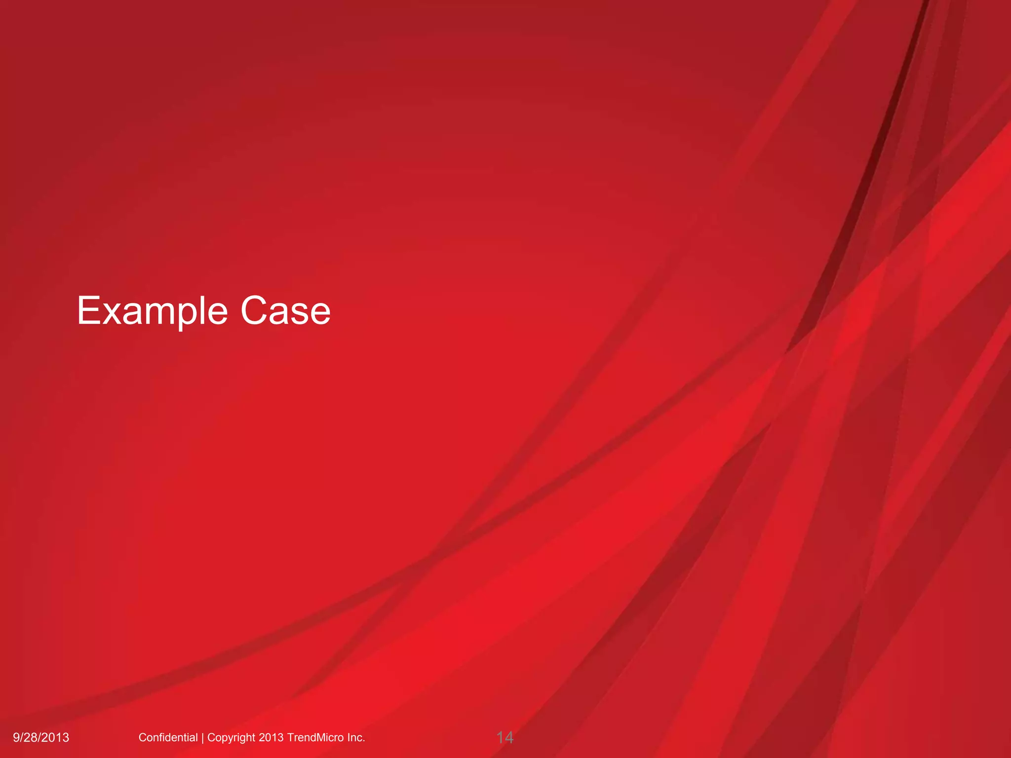 9/28/2013 Confidential | Copyright 2013 TrendMicro Inc.
Example Case
14
 