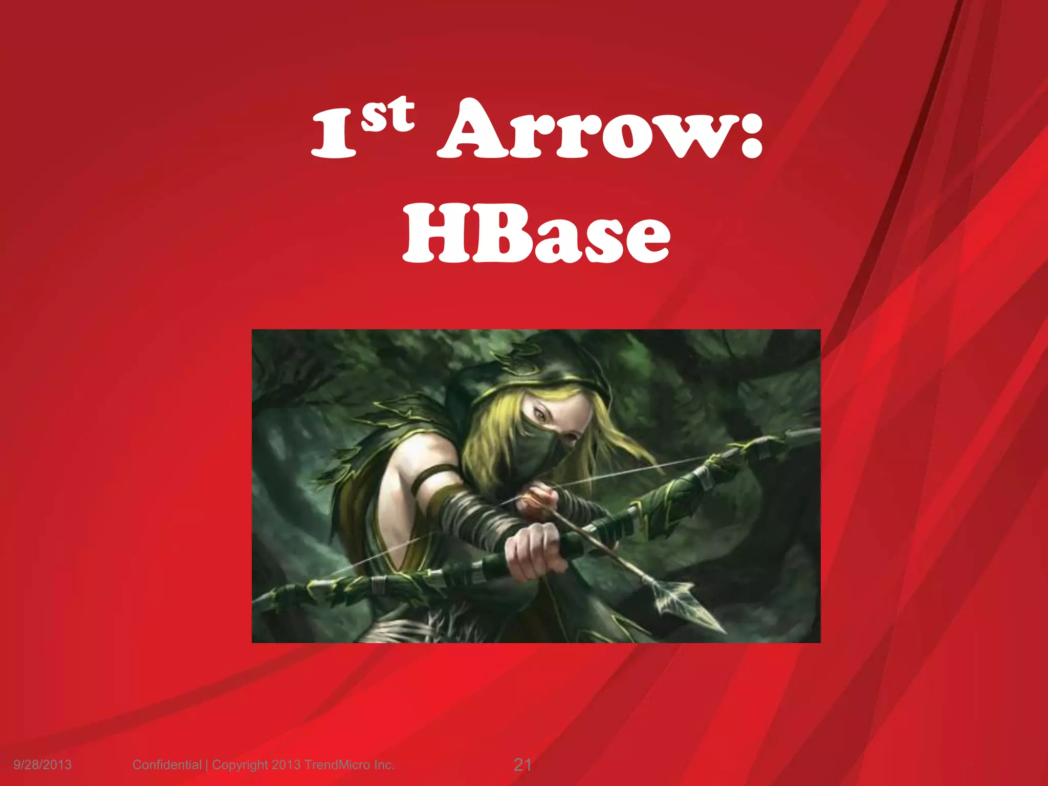 9/28/2013 Confidential | Copyright 2013 TrendMicro Inc. 21
1st Arrow:
HBase
 