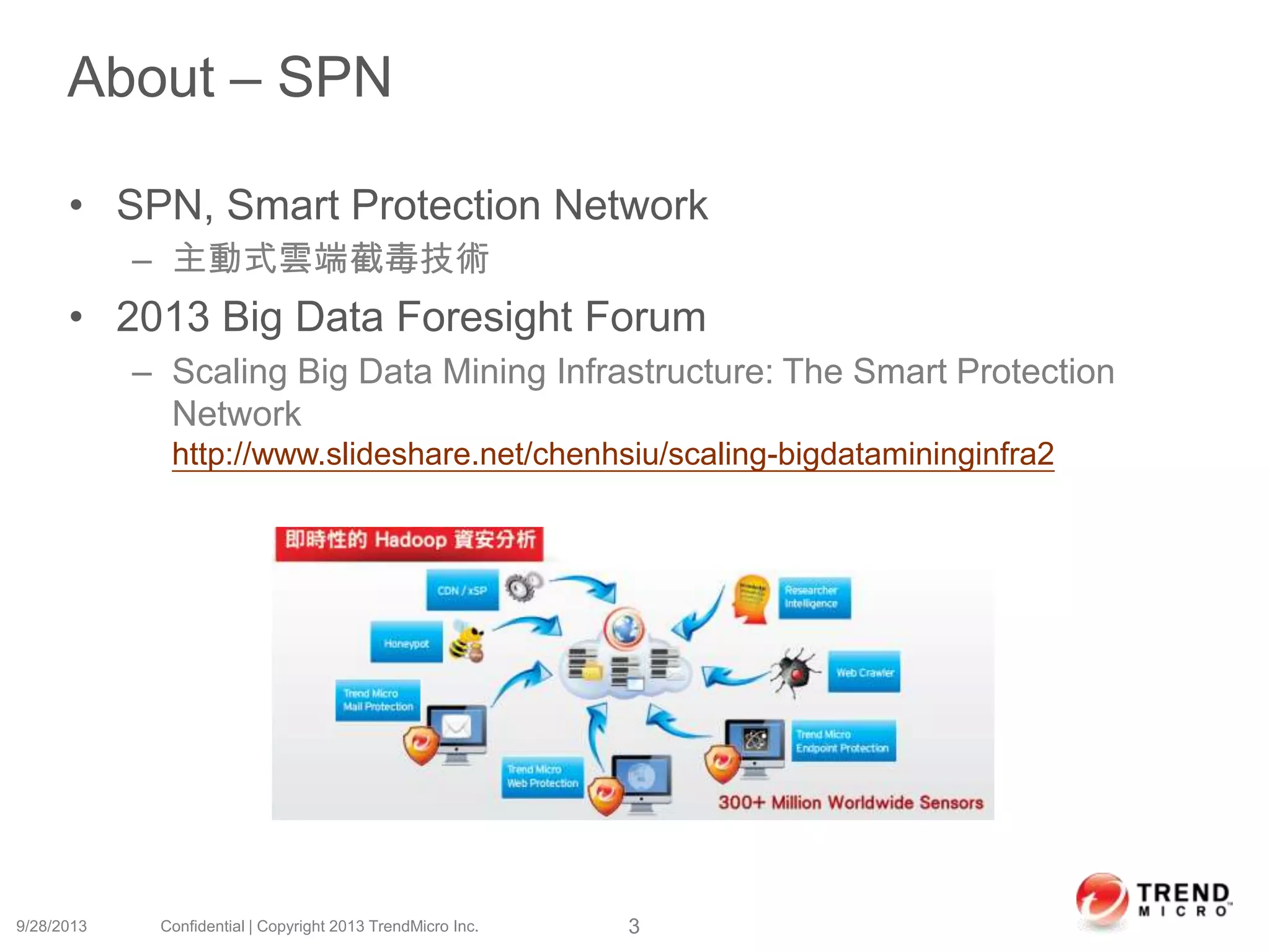 About – SPN
• SPN, Smart Protection Network
– 主動式雲端截毒技術
• 2013 Big Data Foresight Forum
– Scaling Big Data Mining Infrastructure: The Smart Protection
Network
http://www.slideshare.net/chenhsiu/scaling-bigdatamininginfra2
9/28/2013 Confidential | Copyright 2013 TrendMicro Inc. 3
 