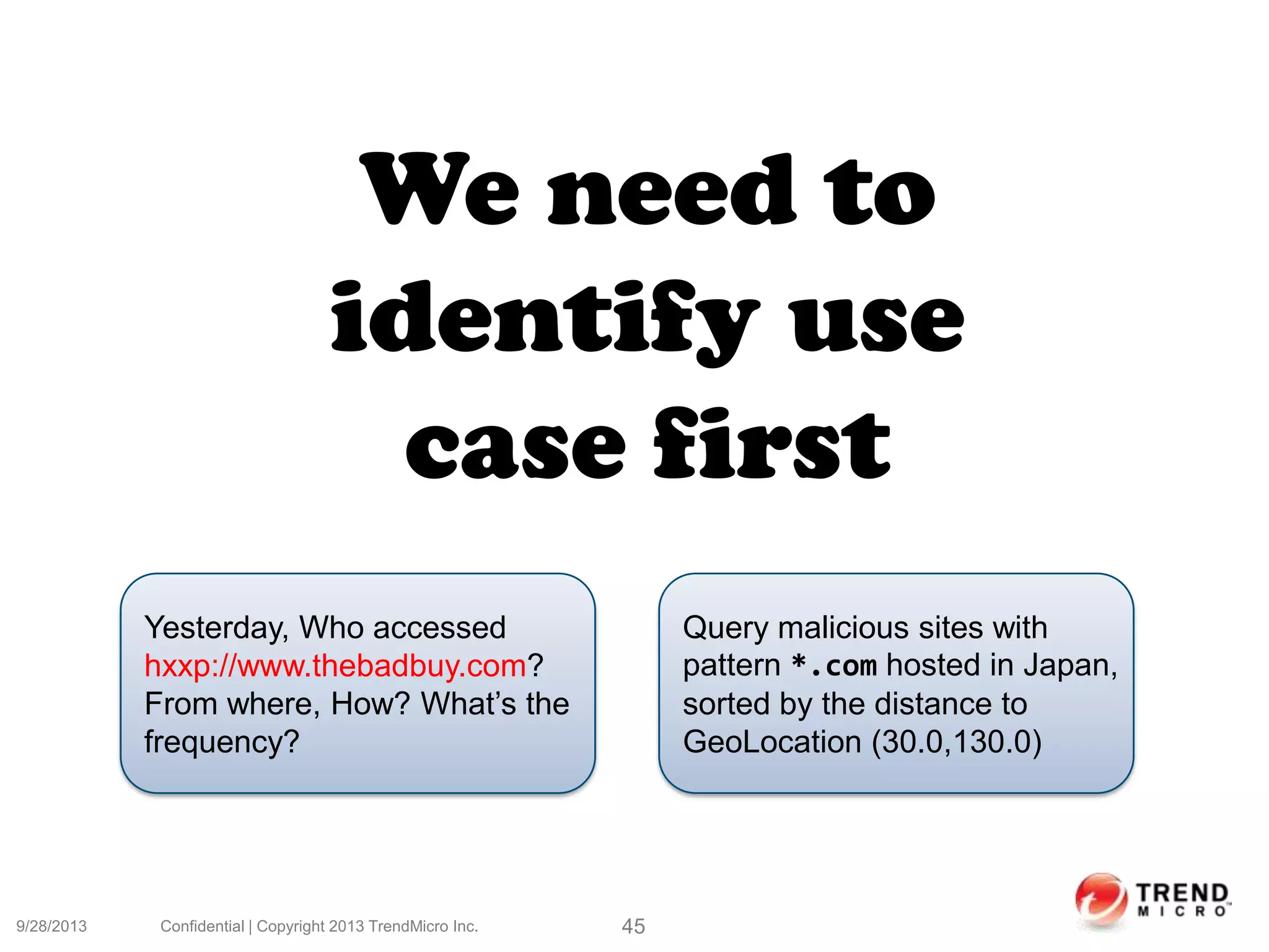 9/28/2013 Confidential | Copyright 2013 TrendMicro Inc. 45
We need to
identify use
case first
Yesterday, Who accessed
hxxp://www.thebadbuy.com?
From where, How? What’s the
frequency?
Query malicious sites with
pattern *.com hosted in Japan,
sorted by the distance to
GeoLocation (30.0,130.0)
 