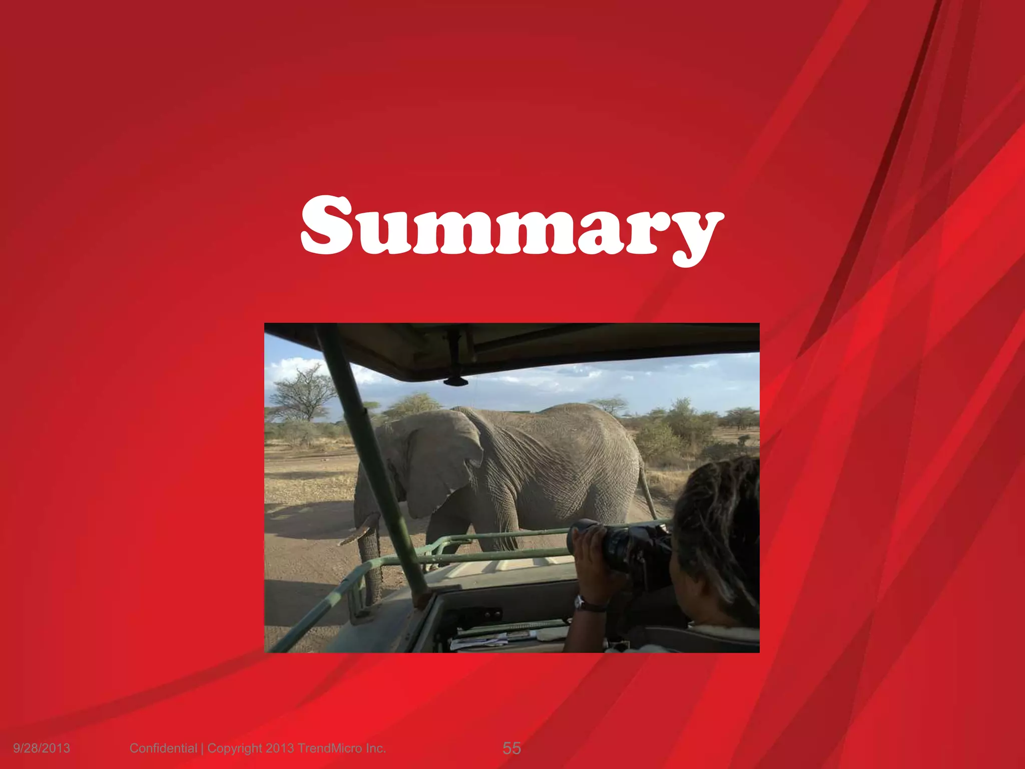 9/28/2013 Confidential | Copyright 2013 TrendMicro Inc. 55
Summary
 