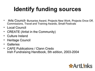 Identify funding sources   Arts Council-  Bursaries Award, Projects New Work, Projects Once Off, Commissions, Travel and Training Awards, Small Festivals Local Council  CREATE (Artist in the Community) Culture Ireland Heritage Council Galleries CAFE Publications / Clann Credo Irish Fundraising Handbook, 5th edition, 2003-2004 