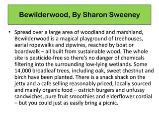 Bewilderwood, By Sharon Sweeney
• Spread over a large area of woodland and marshland,
Bewilderwood is a magical playground of treehouses,
aerial ropewalks and zipwires, reached by boat or
boardwalk – all built from sustainable wood. The whole
site is pesticide-free so there’s no danger of chemicals
filtering into the surrounding low-lying wetlands. Some
14,000 broadleaf trees, including oak, sweet chestnut and
birch have been planted. There is a snack shack on the
jetty and a cafe selling reasonably priced, locally sourced
and mainly organic food – ostrich burgers and unfussy
sandwiches, pure fruit smoothies and elderflower cordial
– but you could just as easily bring a picnic.
 