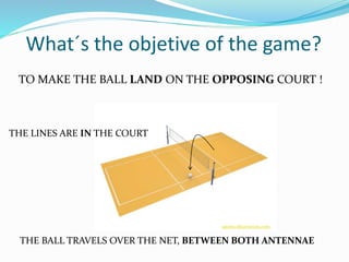 What´s the objetive of the game?
GROUNDING THE BALL ON THE OPPONENT’S COURT !
sports-illustration.com
THE LINES ARE IN THE COURT
THE BALL TRAVELS OVER THE NET, BETWEEN BOTH ANTENNAE
 