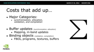 Costs that add up…
● Major Categories:
● synchronization, allocation,
validation, and compilation
● Buffer updates (synchronization, allocation)
● Mapping, in-band updates
● Binding objects (validation, compilation)
● FBOs, programs, textures, buffers
 