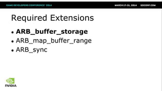 Required Extensions
● ARB_buffer_storage
● ARB_map_buffer_range
● ARB_sync
 