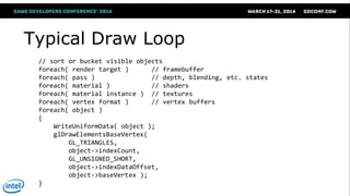 Typical Draw Loop
// sort or bucket visible objects
foreach( render target ) // framebuffer
foreach( pass ) // depth, blending, etc. states
foreach( material ) // shaders
foreach( material instance ) // textures
foreach( vertex format ) // vertex buffers
foreach( object )
{
WriteUniformData( object );
glDrawElementsBaseVertex(
GL_TRIANGLES,
object->indexCount,
GL_UNSIGNED_SHORT,
object->indexDataOffset,
object->baseVertex );
}
 
