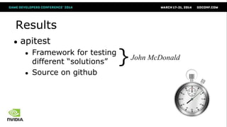 Results
● apitest
● Framework for testing
different ―solutions‖
● Source on github
}John McDonald
 