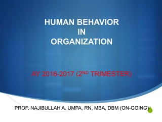 S
HUMAN BEHAVIOR
IN
ORGANIZATION
AY 2016-2017 (2ND TRIMESTER)
PROF. NAJIBULLAH A. UMPA, RN, MBA, DBM (ON-GOING)
 