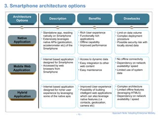 3. Smartphone architecture options -   - Native Application Standalone app, residing natively on Smartphone Extensively leverages native APIs (geolocation, accelerometer etc) of the Smartphone Rich User experience Functionally rich applications Offline capability Improved performance Mobile Web Application   Internet based application designed for Smartphone Accessed by web browsers from Smartphone Access to dynamic data Easy integration to other web content Easy maintenance Description Benefits Architecture Options Drawbacks Limit on data volume  Complex deployment procedure Possible security risk with locally stored data No offline connectivity Dependency on network availability/ speed Limited use of system data Hybrid Application Internet based application designed for richer user experience by leveraging some of the native apis Improved User experience Possibility of building intelligent web applications which can also leverage native features (i.e contacts, geolocation, camera etc)  Complex architecture Limited offline features (leveraging HTML5) Dependency on network availability / speed 