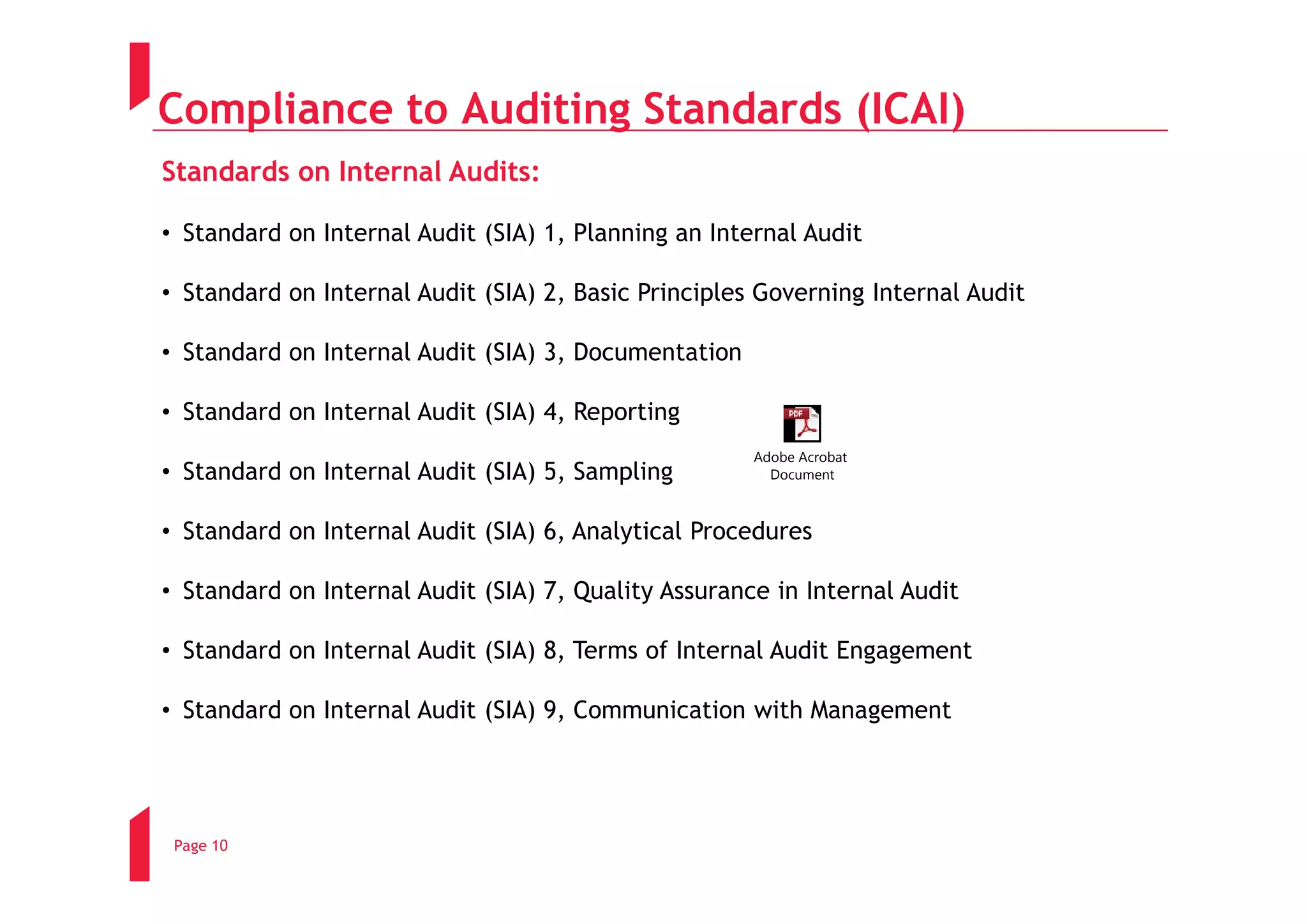 Compliance to Auditing Standards (ICAI)
Standards on Internal Audits:

• Standard on Internal Audit (SIA) 1, Planning an Internal Audit

• Standard on Internal Audit (SIA) 2, Basic Principles Governing Internal Audit

• Standard on Internal Audit (SIA) 3, Documentation

• Standard on Internal Audit (SIA) 4, Reporting
                                                      Adobe Acrobat
• Standard on Internal Audit (SIA) 5, Sampling          Document



• Standard on Internal Audit (SIA) 6, Analytical Procedures

• Standard on Internal Audit (SIA) 7, Quality Assurance in Internal Audit

• Standard on Internal Audit (SIA) 8, Terms of Internal Audit Engagement

• Standard on Internal Audit (SIA) 9, Communication with Management




 Page 10
 