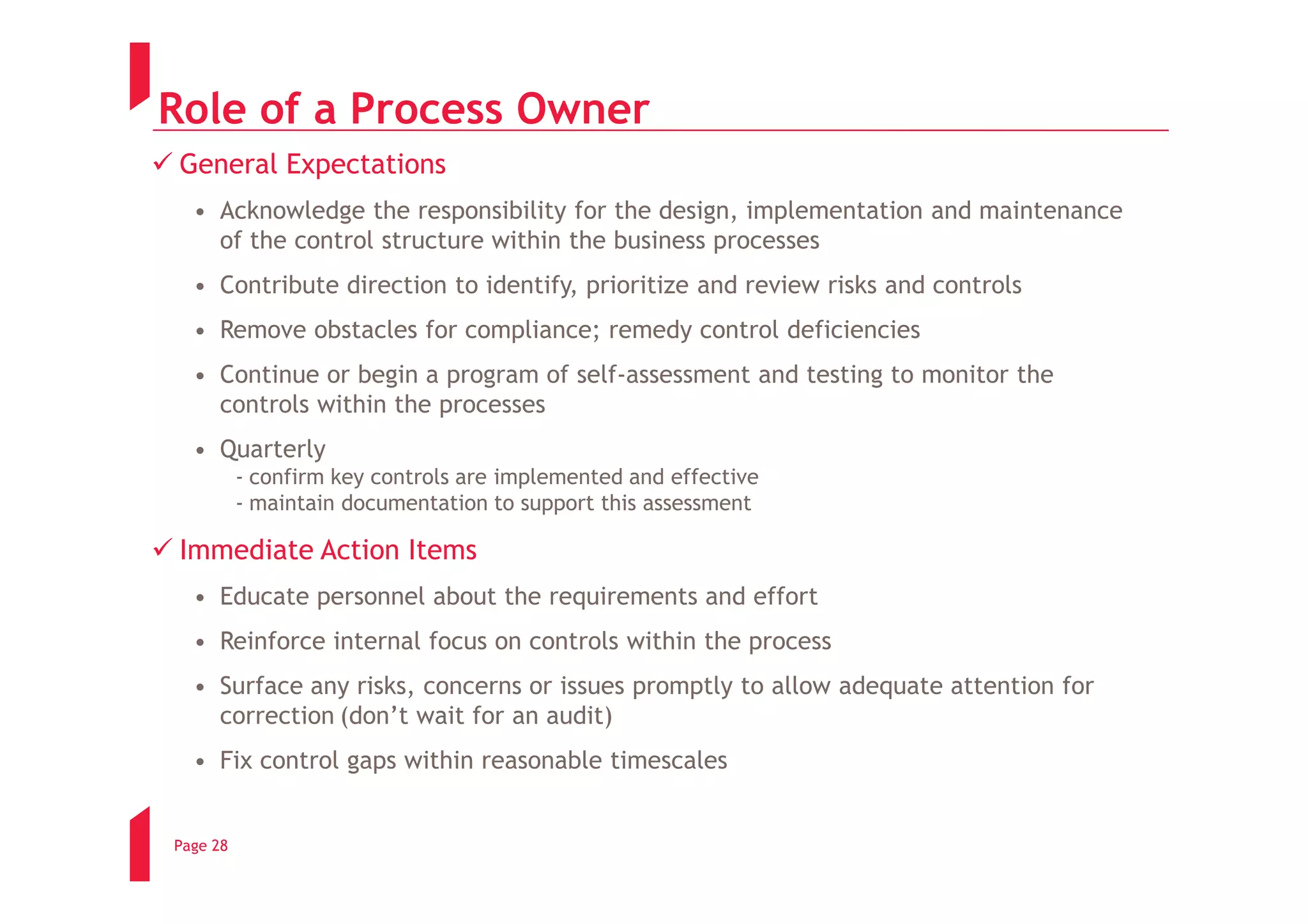 Role of a Process Owner
 General Expectations
  • Acknowledge the responsibility for the design, implementation and maintenance
    of the control structure within the business processes
  • Contribute direction to identify, prioritize and review risks and controls
  • Remove obstacles for compliance; remedy control deficiencies
  • Continue or begin a program of self-assessment and testing to monitor the
    controls within the processes
  • Quarterly
          - confirm key controls are implemented and effective
          - maintain documentation to support this assessment

 Immediate Action Items
  • Educate personnel about the requirements and effort
  • Reinforce internal focus on controls within the process
  • Surface any risks, concerns or issues promptly to allow adequate attention for
    correction (don’t wait for an audit)
  • Fix control gaps within reasonable timescales


Page 28
 
