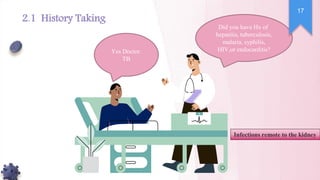 Did you have Hx of
hepatitis, tuberculosis,
malaria, syphilis,
HIV,or endocarditis?
Yes Doctor.
TB
17
Infections remote to the kidney
2.1 History Taking
 