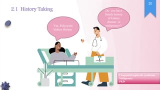 Do you have
family history
of kidney
disease or
malignancy?
Yes, Polycystic
kidney disease
Congenital nephrotic syndrome
Malignancy
PKD
20
2.1 History Taking
 