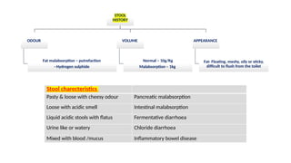 STOOL
HISTORY
ODOUR
Fat malabsorption – putrefaction
- Hydrogen sulphide
VOLUME
Normal – 10g/Kg
Malabsorption – 1kg
APPEARANCE
Fat- Floating, meshy, oily or sticky,
difficult to flush from the toilet
Stool charecteristics
Pasty & loose with cheesy odour Pancreatic malabsorption
Loose with acidic smell Intestinal malabsorption
Liquid acidic stools with flatus Fermentative diarrhoea
Urine like or watery Chloride diarrhoea
Mixed with blood /mucus Inflammatory bowel disease
 