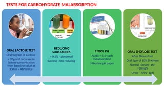 TESTS FOR CARBOHYDRATE MALABSORPTION
ORAL LACTOSE TEST
Oral 50gram of Lactose
< 20gm/dl increase in
lactose concentration
from baseline value at
30min – Abnormal
REDUCING
SUBSTANCES
> 0.5% - abnormal
Sucrose- non reducing
STOOL PH
Acidic < 5.5- carb
malabsorption
Nitrazine pH paper
ORAL D-XYLOSE TEST
After 8hours fast
Oral 5gm of 10% D-Xylose
Normal -Serum- 1hr-
>30mg%
Urine – 5hrs- 1gm
 