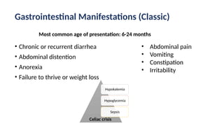 Gastrointestinal Manifestations (Classic)
• Chronic or recurrent diarrhea
• Abdominal distention
• Anorexia
• Failure to thrive or weight loss
• Abdominal pain
• Vomiting
• Constipation
• Irritability
Most common age of presentation: 6-24 months
Hypokalemia
Hypoglycemia
Sepsis
Celiac crisis
 