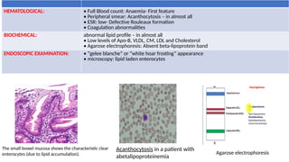HEMATOLOGICAL: • Full Blood count: Anaemia- First feature
• Peripheral smear: Acanthocytosis – in almost all
• ESR: low- Defective Rouleaux formation
• Coagulation abnormalities
BIOCHEMICAL: abnormal lipid profile – in almost all
• Low levels of Apo-B, VLDL, CM, LDL and Cholesterol
• Agarose electrophoresis: Absent beta-lipoprotein band
ENDOSCOPIC EXAMINATION: • “gelee blanche” or “white hoar frosting” appearance
• microscopy: lipid laden enterocytes
The small bowel mucosa shows the characteristic clear
enterocytes (due to lipid accumulation).
Acanthocytosis in a patient with
abetalipoproteinemia
Agarose electrophoresis
 