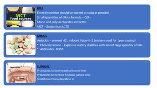 DIET
Enteral nutrition should be started as soon as possible
Small quantities of dilute formula – Q3H
Mono and polysaccharides are better
MCT – Better than LCTG
DRUGS
Antacids – prevent HCL induced injury (H2 blockers used for 1year postop)
• Cholestyramine – Explosive watery diarrhea with loss of large quantity of bile
• Antibiotics- BOGS
SURGICAL
Procedures to slow intestinal transit time
Procedures to increase Mucosal surface area
Small bowel Transplantation A
 