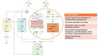 d- Lactic acidosis
Colonic bacterial fermentation of
malabsorbed carbohydrates
d-Lactate absorbed into blood
Excreted in urine normally
Metabolic acidosis
Neurological encephalopathy
Nystagmus, opthalmoplegia, ataxia,
confusion, inappropriate behaviour
Sodium bicarbonate
Antibiotics
 