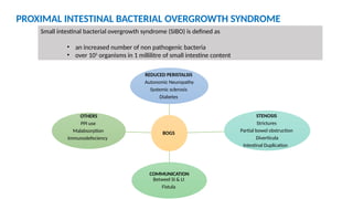 BOGS
REDUCED PERISTALSIS
Autonomic Neuropathy
Systemic sclerosis
Diabetes
STENOSIS
Strictures
Partial bowel obstruction
Diverticula
Intestinal Duplication
COMMUNICATION
Betweel SI & LI
Fistula
OTHERS
PPI use
Malabsorption
Immunodefeciency
PROXIMAL INTESTINAL BACTERIAL OVERGROWTH SYNDROME
Small intestinal bacterial overgrowth syndrome (SIBO) is defined as
• an increased number of non pathogenic bacteria
• over 105
organisms in 1 millilitre of small intestine content
 