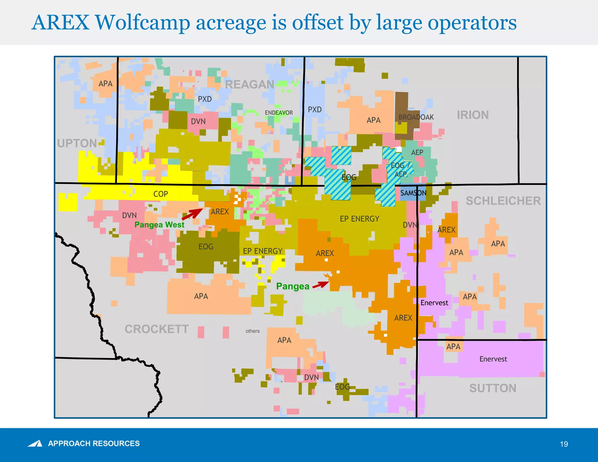 AREX Wolfcamp acreage is offset by large operators
19
Pangea West
EOG
COP
Enervest
EP ENERGY
others
MPO
APA
PXD
DVN
AREX
AREX
AREX
AREX
APA
APA
APA
DVN
DVN
SAMSON
PXD
DVN
APA
APA
APA
EOG
Pangea
Enervest
EOG /
AEP
AEP
BROADOAK
ENDEAVOR
APA
UPTON
CROCKETT
REAGAN
IRION
SCHLEICHER
SUTTON
EP ENERGY
EOG
Pangea West
EOG
COP
Enervest
EP ENERGY
others
MPO
APA
PXD
DVN
AREX
AREX
AREX
AREX
APA
APA
APA
DVN
DVN
SAMSON
PXD
DVN
APA
APA
APA
EOG
Pangea
Enervest
EOG /
AEP
AEP
BROADOAK
ENDEAVOR
APA
UPTON
CROCKETT
REAGAN
IRION
SCHLEICHER
SUTTON
EP ENERGY
EOG
 