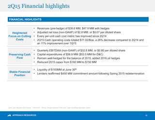 2Q15 Financial highlights
FINANCIAL HIGHLIGHTS
Preserving Cash
Flow
• Quarterly EBITDAX (non-GAAP) of $32.6 MM, or $0.80 per diluted share
• Capital expenditures of $56.9 MM ($53.5 MM for D&C)
• Remain well-hedged for the balance of 2015, added 2016 oil hedges
• Reduced 2015 capex from $160 MM to $150 MM
Stable Financial
Position
• Liquidity of $193MM at June 30th
• Lenders reaffirmed $450 MM commitment amount following Spring 2015 redetermination
Heightened
Focus on Cutting
Costs
• Revenues (pre-hedge) of $38.6 MM, $47.9 MM with hedges
• Adjusted net loss (non-GAAP) of $2.8 MM, or $0.07 per diluted share
• Every per-unit cash cost metric has improved since 2Q14
• 2Q15 Cash operating costs totaled $11.02/Boe, a 26% decrease compared to 2Q14 and
an 11% improvement over 1Q15
Note: See “Adjusted Net Income,” “EBITDAX,” “Strong, Simple Balance Sheet, and “Cash operating expenses” slides.
18
 