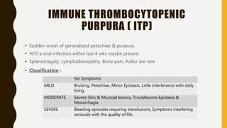 IMMUNE THROMBOCYTOPENIC
PURPURA ( ITP)
• Sudden onset of generalized petechiae & purpura.
• H/O a viral infection within last 4 wks maybe present
• Splenomegaly, Lymphadenopathy, Bone pain, Pallor are rare.
• Classification :
No Symptoms
MILD Bruising, Petechiae, Minor Epistaxis, Little interference with daily
living
MODERATE Severe Skin & Mucosal lesions, Troublesome Epistaxis &
Menorrhagia
SEVERE Bleeding episodes requiring transfusions, Symptoms interfering
seriously with the quality of life.
 