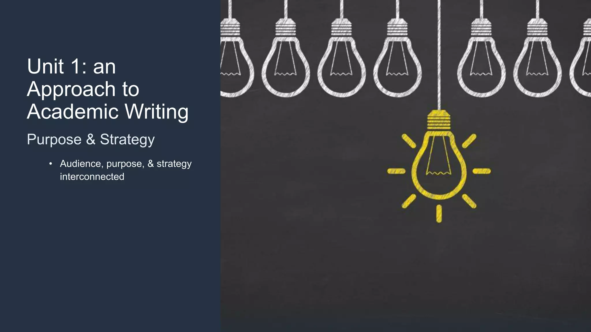 Unit 1: an
Approach to
Academic Writing
Purpose & Strategy
• Audience, purpose, & strategy
interconnected
 