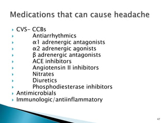  CVS- CCBs
 Antiarrhythmics
 α1 adrenergic antagonists
 α2 adrenergic agonists
 β adrenergic antagonists
 ACE inhibitors
 Angiotensin II inhibitors
 Nitrates
 Diuretics
 Phosphodiesterase inhibitors
 Antimicrobials
 Immunologic/antiinflammatory
47
 