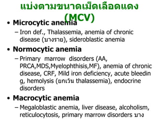 Microcytic anemia Iron def., Thalassemia, anemia of chronic disease ( บางราย ),  sideroblastic anemia Normocytic anemia Primary  marrow  disorders (AA, PRCA,MDS,Myelophthisis,MF), anemia of chronic disease, CRF, Mild iron deficiency, acute bleeding, hemolysis ( ยกเว้น  thalassemia), endocrine disorders   Macrocytic anemia Megaloblastic anemia, liver disease, alcoholism, reticulocytosis, primary marrow disorders  บางราย , drugs(AZT,MTX,chemotherapy), hypothyroidism  บางราย แบ่งตามขนาดเม็ดเลือดแดง  (MCV) 