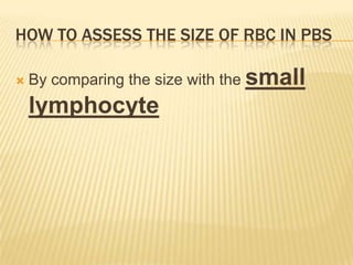 HOW TO ASSESS THE SIZE OF RBC IN PBS
 By comparing the size with the small
lymphocyte
 