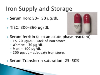    Serum Iron: 50–150 µg/dL

   TIBC: 300–360 μg/dL

   Serum ferritin (also an acute phase reactant)
    ◦   15-20 µg/dL – Lack of Iron stores
    ◦   Women: ~30 µg/dL
    ◦   Men: ~ 100 µg/dL
    ◦   200 µg/dL – adequate iron stores

   Serum Transferrin saturation: 25-50%
 