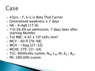    43yrs / F, k/c/o Beta Thal Carrier
   Generalised weakness x 7 days
   Hb – 6.4g% (17/6)
   7.0/26.4% on admission, 7 days later after
    starting Mumfer
   Tot RBC: 4.42 x 106 cells/mm3
   MCV – 60 fl [78-98]
   MCH – 16pg [27-32]
   MCHC 27% [31-34]
   TLC: 8000cells/cumm, N46 L44 M7 E2.1 B0.1
   Plt: 289,000/cumm
 
