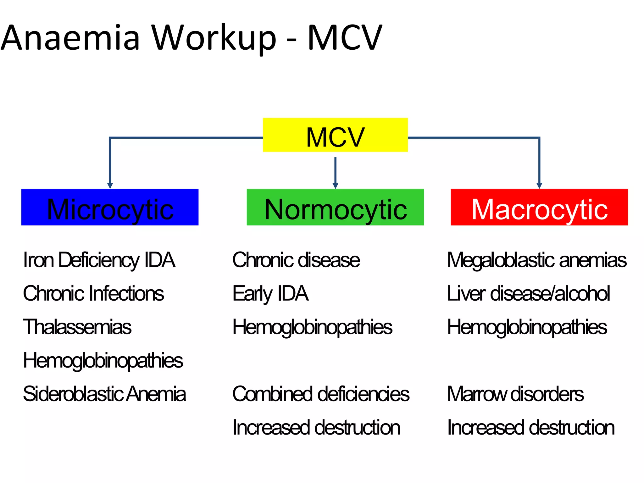 Anaemia Workup - MCV
Microcytic
MCV
Normocytic Macrocytic
IronDeficiency IDA
Chronic Infections
Thalassemias
Hemoglobinopathies
SideroblasticAnemia
Chronic disease
Early IDA
Hemoglobinopathies
Combined deficiencies
Increaseddestruction
Megaloblastic anemias
Liver disease/alcohol
Hemoglobinopathies
Marrowdisorders
Increaseddestruction
 