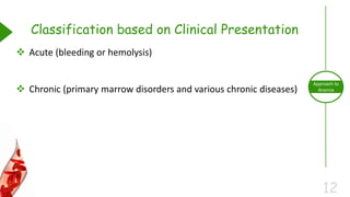 12
Approach to
Anemia
Classification based on Clinical Presentation
 Acute (bleeding or hemolysis)
 Chronic (primary marrow disorders and various chronic diseases)
 