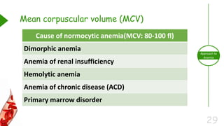 29
Approach to
Anemia
Mean corpuscular volume (MCV)
Cause of normocytic anemia(MCV: 80-100 fl)
Dimorphic anemia
Anemia of renal insufficiency
Hemolytic anemia
Anemia of chronic disease (ACD)
Primary marrow disorder
 