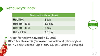 37
Approach to
Anemia
Reticulocyte index
 The RPI for healthy individual = 1.0-2.0%
 RPI< 1% with anemia (Decreased production of reticulocytes)
 RPI > 2% with anemia (Loss of RBC e.g. destruction or bleeding)
Maturation time (days)
Hct≥40% 1 day
Hct: 30 – 40 % 1.5 day
Hct: 20 – 30 % 2 day
Hct < 20 % 2.5 day
 