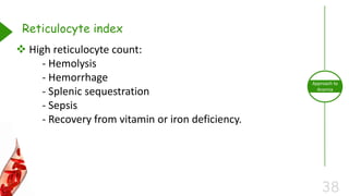 38
Approach to
Anemia
Reticulocyte index
 High reticulocyte count:
- Hemolysis
- Hemorrhage
- Splenic sequestration
- Sepsis
- Recovery from vitamin or iron deficiency.
 