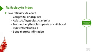 39
Approach to
Anemia
Reticulocyte index
 Low reticulocyte count:
- Congenital or acquired
- Aplastic / hypoplastic anemia
- Transient erythroblastopenia of childhood
- Pure red cell aplasia
- Bone marrow infiltration
 