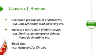 7
Approach to
Anemia
 Decreased production of erythrocytes
-e.g. Iron deficiency, lead poisoning etc.
 Increased destruction of erythrocytes
-e.g. Erythrocyte membrane defects,
Hemoglobinpathies etc.
 Blood Loss
 -e.g. Acute and/or Chronic
Causes of Anemia
 