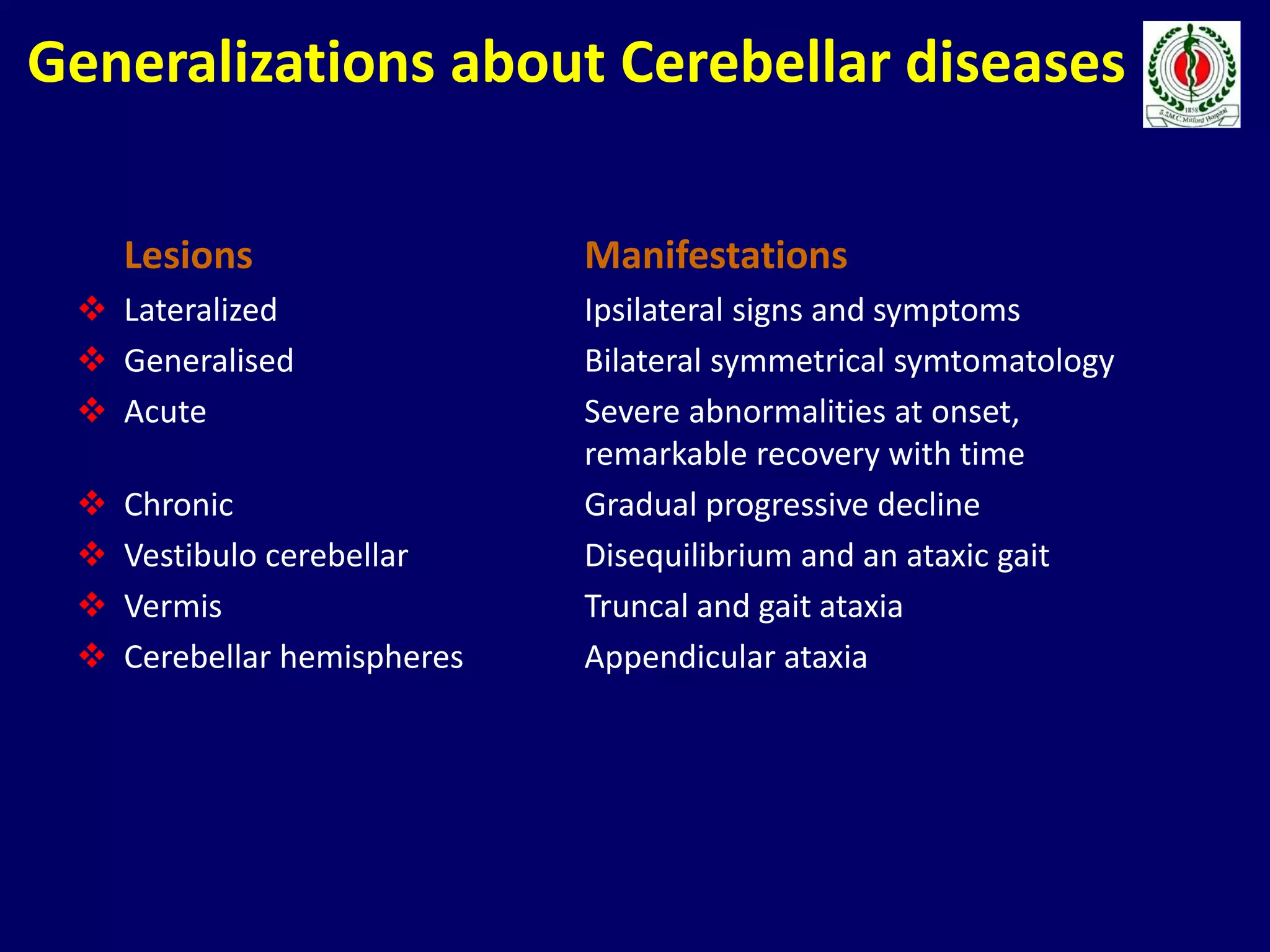 Generalizations about Cerebellar diseases
Lesions Manifestations
 Lateralized Ipsilateral signs and symptoms
 Generalised Bilateral symmetrical symtomatology
 Acute Severe abnormalities at onset,
remarkable recovery with time
 Chronic Gradual progressive decline
 Vestibulo cerebellar Disequilibrium and an ataxic gait
 Vermis Truncal and gait ataxia
 Cerebellar hemispheres Appendicular ataxia
 