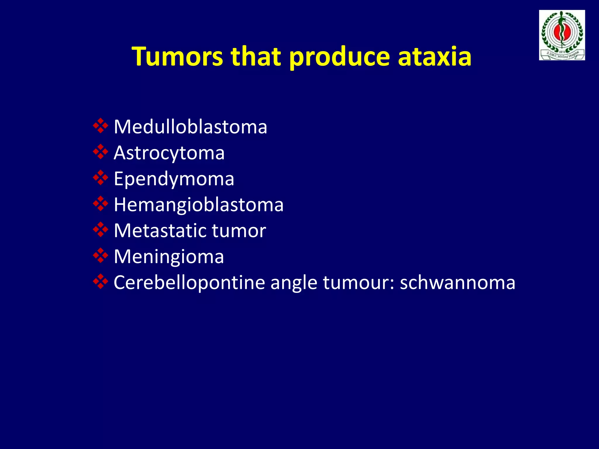 Tumors that produce ataxia
Medulloblastoma
Astrocytoma
Ependymoma
Hemangioblastoma
Metastatic tumor
Meningioma
Cerebellopontine angle tumour: schwannoma
 