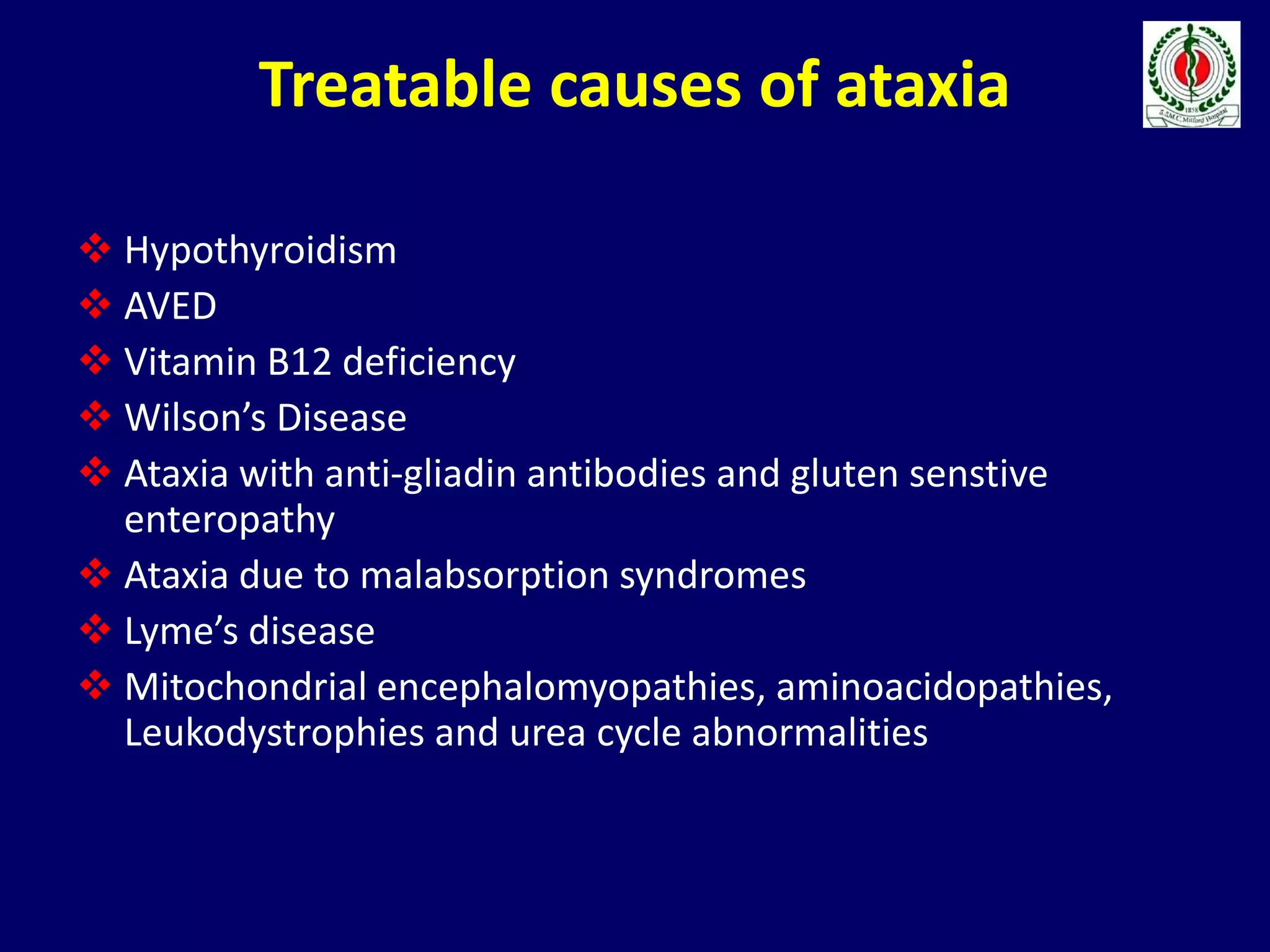 Treatable causes of ataxia
 Hypothyroidism
 AVED
 Vitamin B12 deficiency
 Wilson’s Disease
 Ataxia with anti-gliadin antibodies and gluten senstive
enteropathy
 Ataxia due to malabsorption syndromes
 Lyme’s disease
 Mitochondrial encephalomyopathies, aminoacidopathies,
Leukodystrophies and urea cycle abnormalities
 