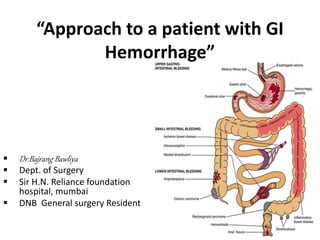 “Approach to a patient with GI
Hemorrhage”
 Dr.Bajrang Bawliya
 Dept. of Surgery
 Sir H.N. Reliance foundation
hospital, mumbai
 DNB General surgery Resident
 