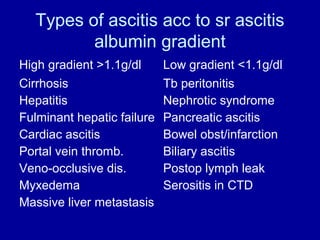 Types of ascitis acc to sr ascitis
albumin gradient
High gradient >1.1g/dl
Cirrhosis
Hepatitis
Fulminant hepatic failure
Cardiac ascitis
Portal vein thromb.
Veno-occlusive dis.
Myxedema
Massive liver metastasis

Low gradient <1.1g/dl
Tb peritonitis
Nephrotic syndrome
Pancreatic ascitis
Bowel obst/infarction
Biliary ascitis
Postop lymph leak
Serositis in CTD

 